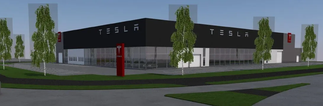Illustrasjon av et moderne Tesla-bygg med mørk fasade, store vinduer og parkeringsplasser foran.