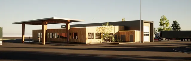 Illustrasjon av kontrollstasjon med tretak over innkjøring og fasade i tre og mørke paneler, med trailere rundt.