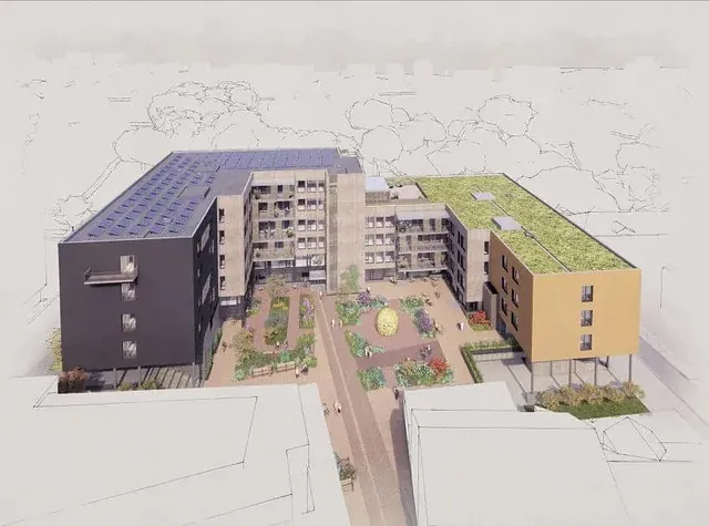 Visualisering av moderne U-formet bygg med grønne tak og indre gårdsplass med beplantning og kunstinstallasjon.