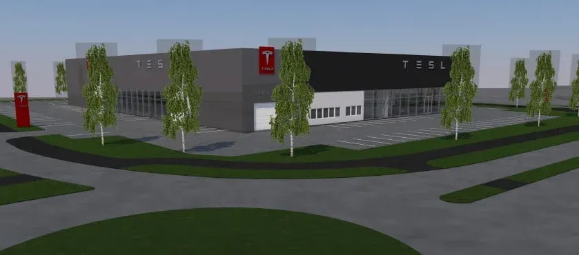 Illustrasjon av et moderne Tesla-bygg med mørk fasade, store vinduer og parkeringsplasser foran.