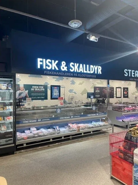 Disk med fersk fisk og skalldyr i dagligvarebutikk, med tydelig skilt og kjøledisker med varer.