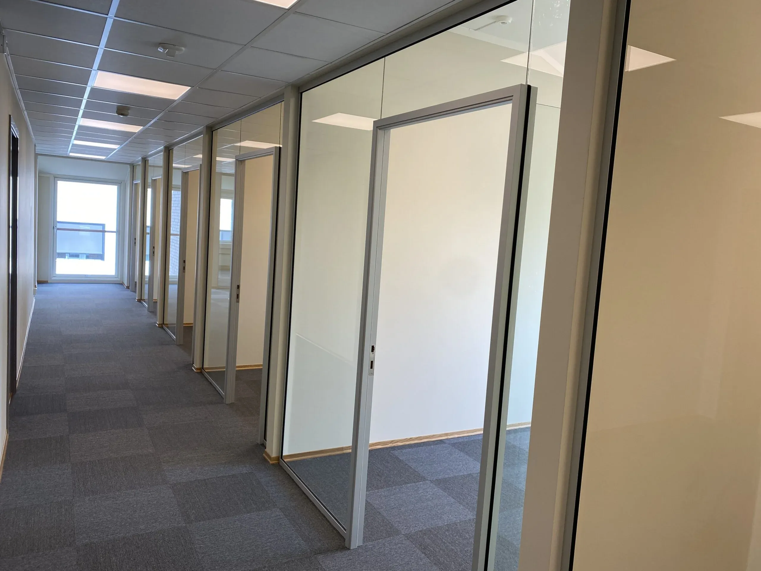 Kontorkorridor med glassvegger og dører til individuelle rom, grå teppefliser og nøytral belysning i taket.